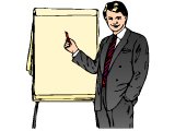 Notice on a flip chart with a man pointing